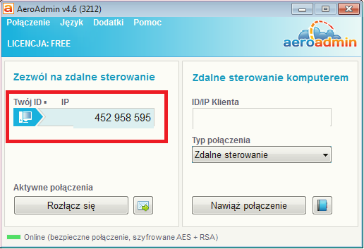 AeroAdmin - okno z ID